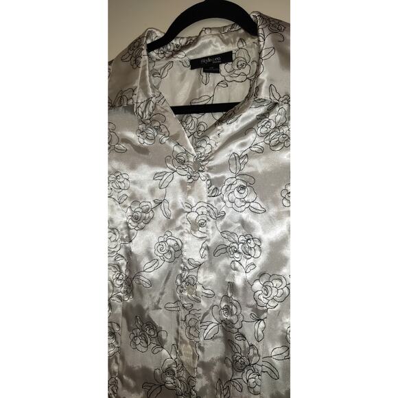 Style & Co Satin Blouse Top 16W Embroidered Black White Flared 3/4 Sleeves - Picture 7 of 16